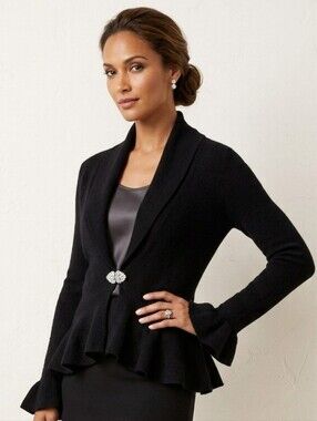 LRL Mohair Peplum Knit Cardigan Black Rhinestone Feminine Size Large